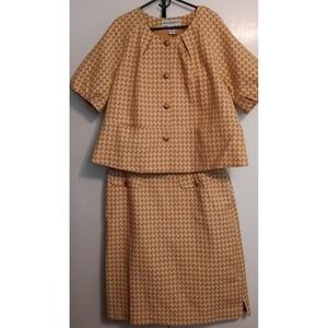 Vintage Womens 2pc Skirt Suit Size 18 Gold Houndstooth Oldmoney Glam Retro 60s